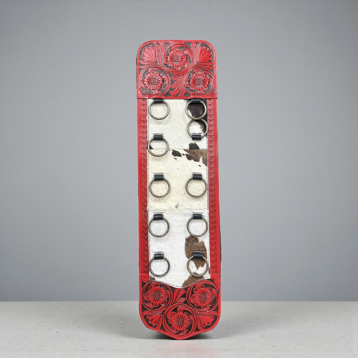 RED TOOLED LEATHER & COWHIDE SCARF HOLDER