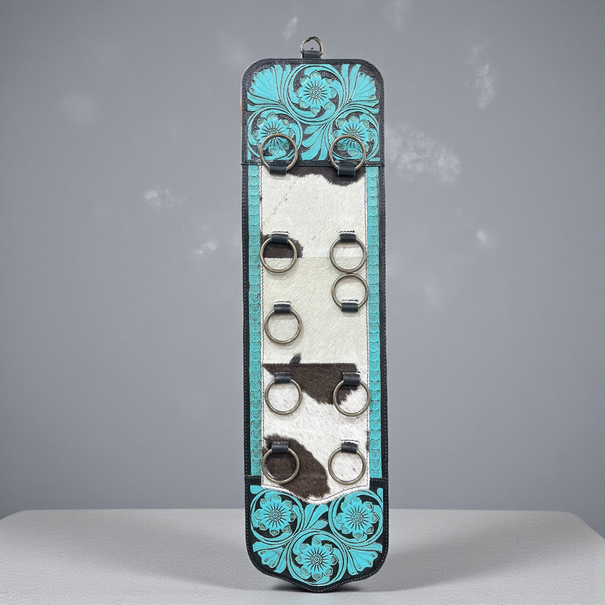TURQUOISE TOOLED LEATHER & COWHIDE SCARF HOLDER