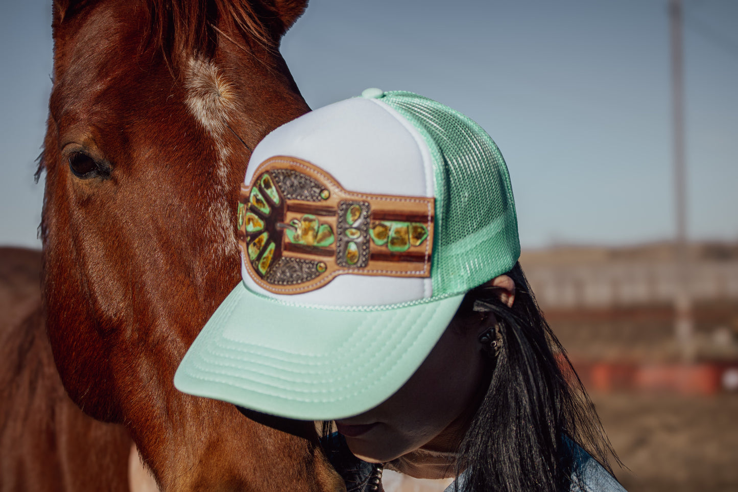 Green Turquoise Handtooled Buckle Cap