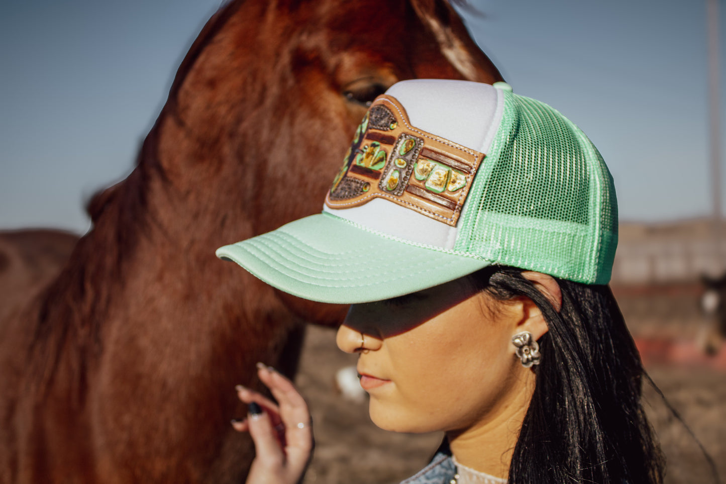 Green Turquoise Handtooled Buckle Cap