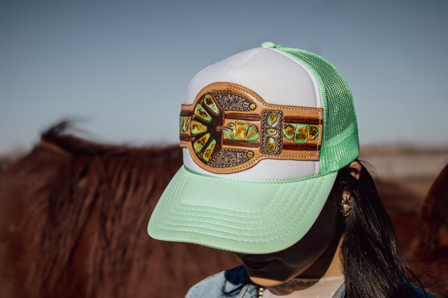 Green Turquoise Handtooled Buckle Cap
