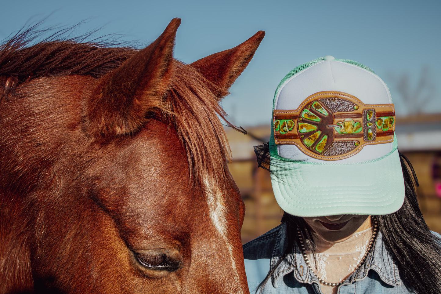 Green Turquoise Handtooled Buckle Cap
