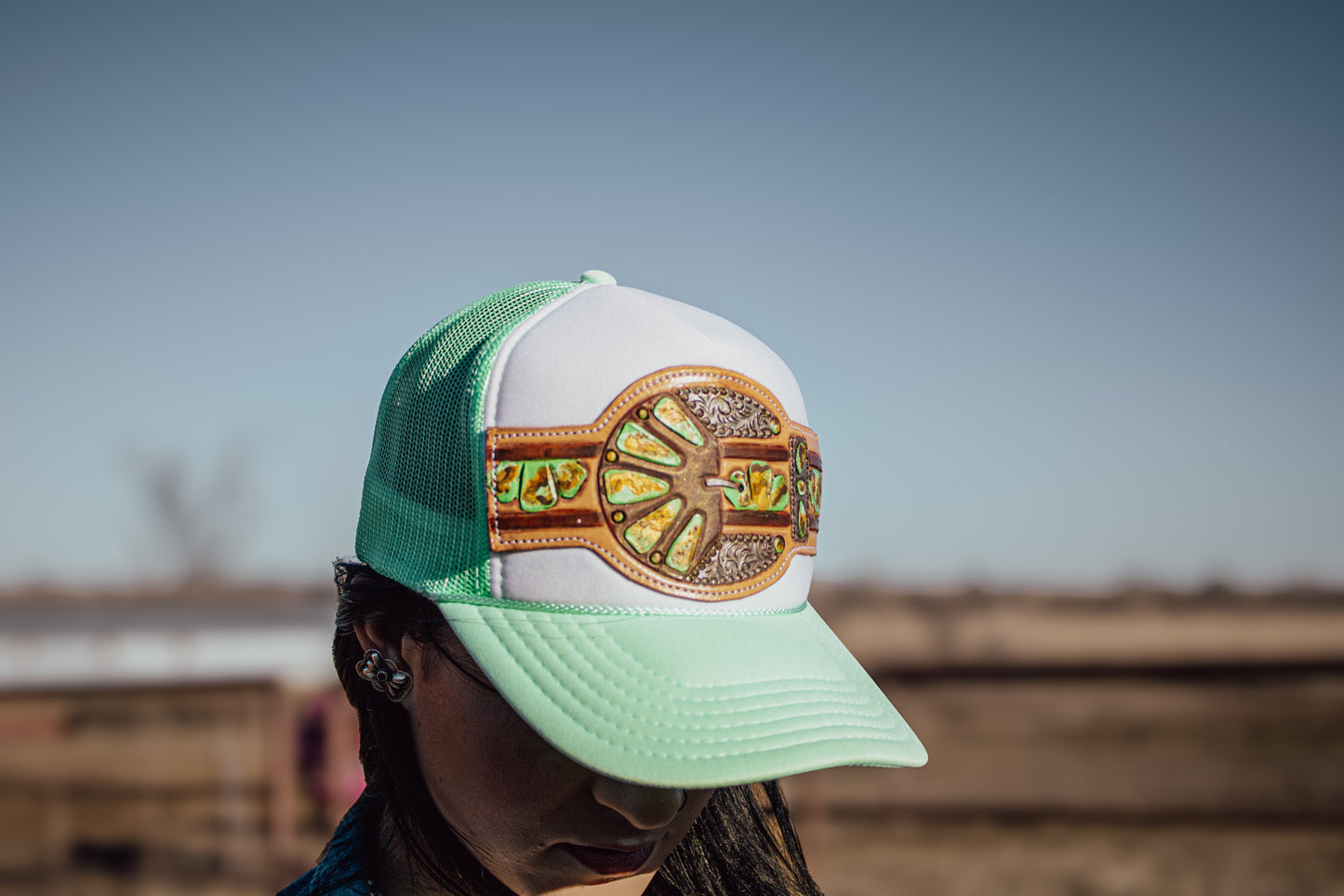 Green Turquoise Handtooled Buckle Cap