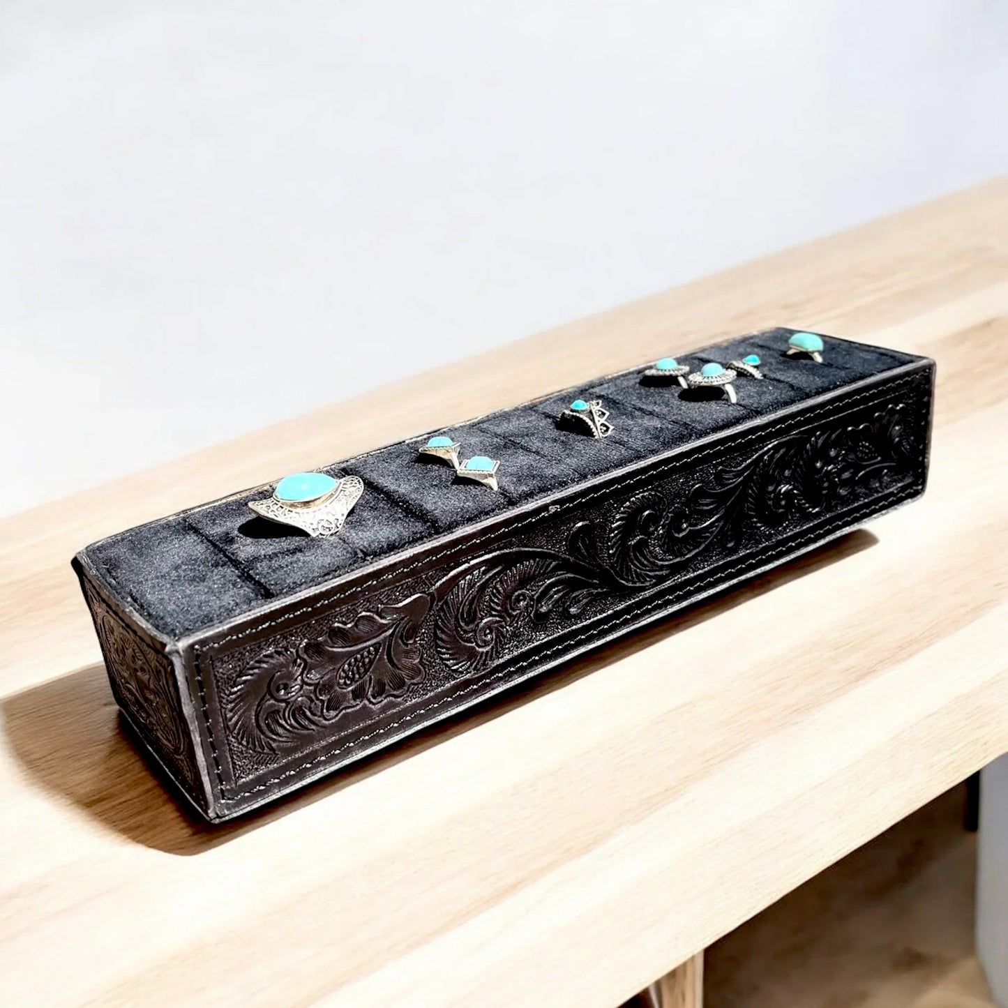 Tooled leather ring holders