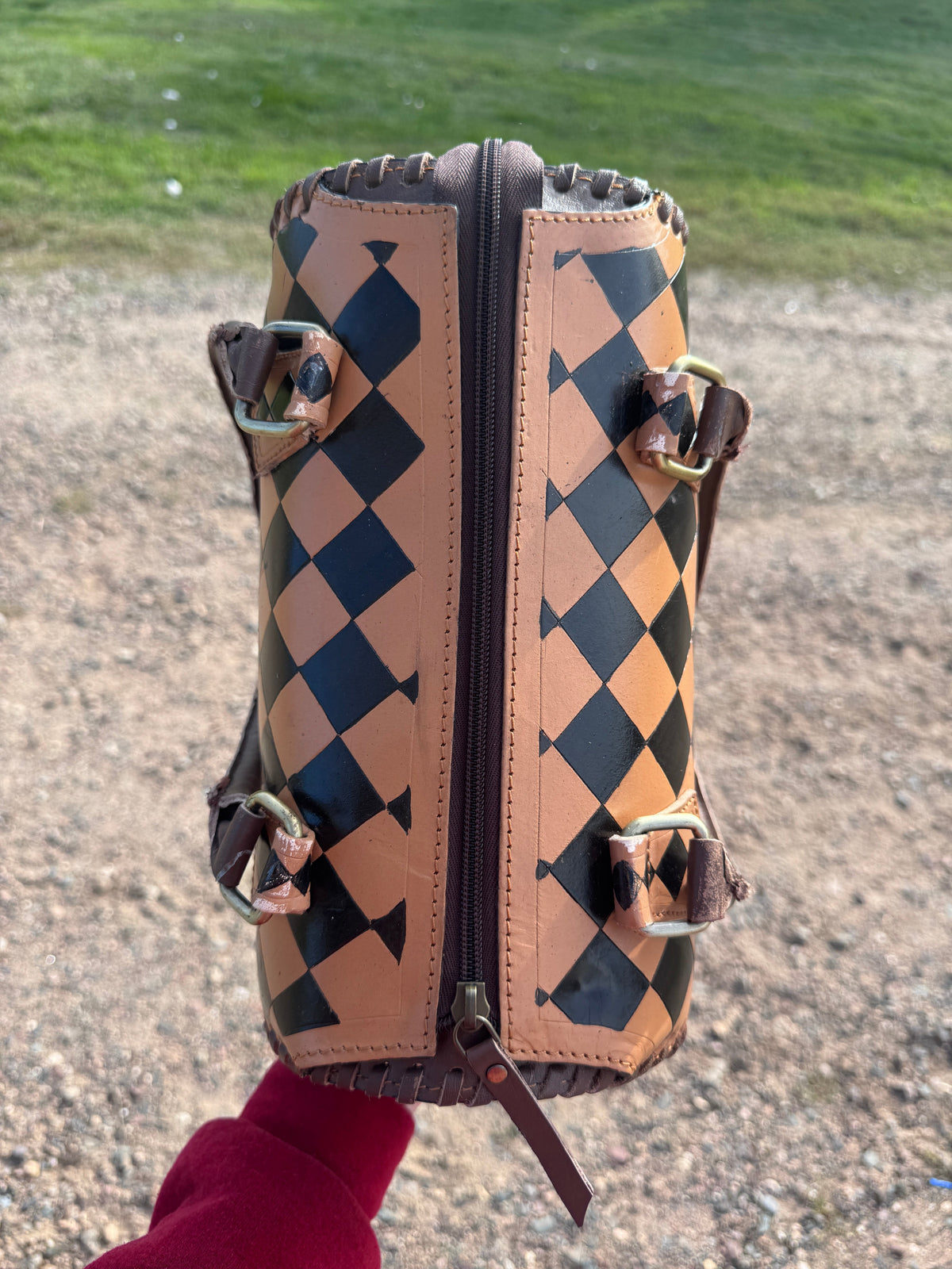 Caramel Espresso Checkered Speedy Western Genuine Leather Purse with optional wallet