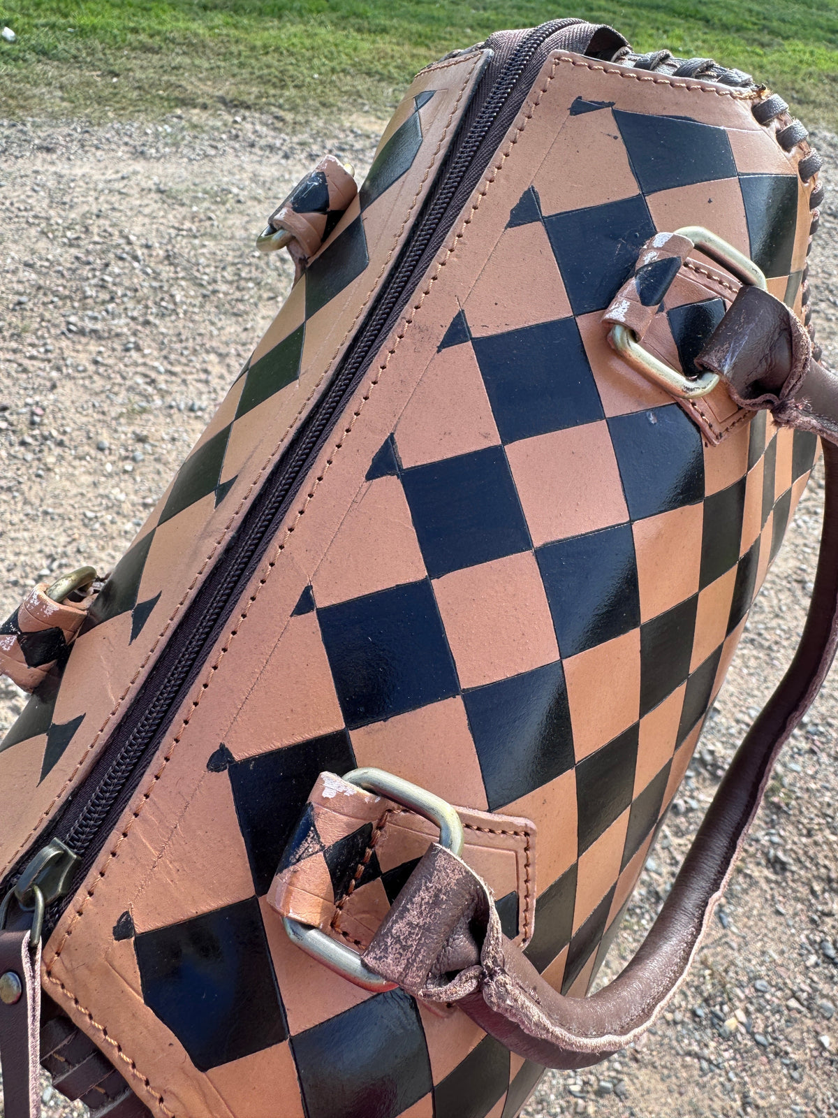 Caramel Espresso Checkered Speedy Western Genuine Leather Purse with optional wallet