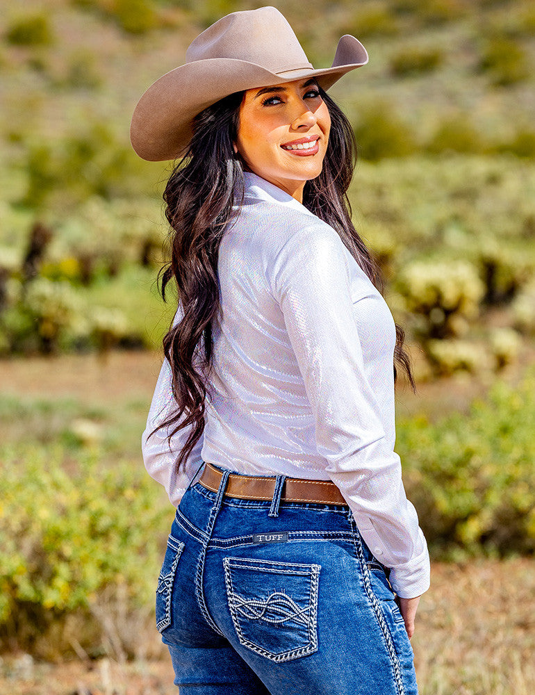 White Holographic Pullover Button Up Lightweight & Medium Stretch Cowgirl Tuff