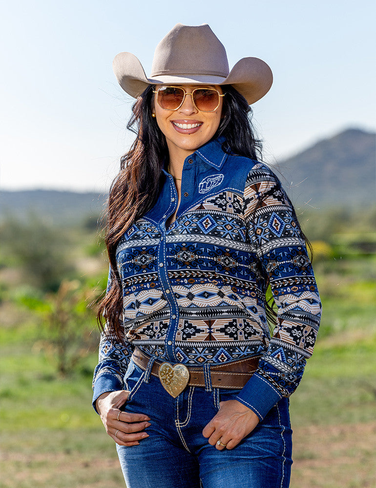 Aztec Denim Jersey Pullover Button Up In Medium Stretch Cowgirl Tuff