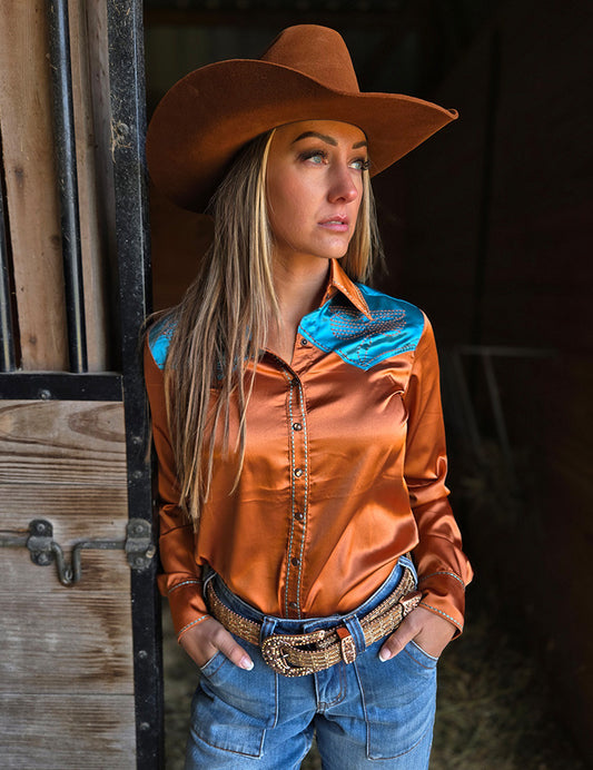Rust & Turquoise Retro Bootstitch Embroidered Satin Pullover Button Up Lightweight Low Stretch Cowgirl Tuff