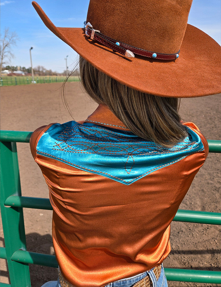 Rust & Turquoise Retro Bootstitch Embroidered Satin Pullover Button Up Lightweight Low Stretch Cowgirl Tuff