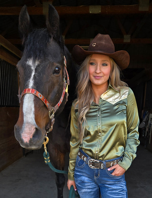 Sage & Vanilla Retro Bootstitch Embroidered Satin Pullover Button Up Lightweight Low Stretch Cowgirl Tuff