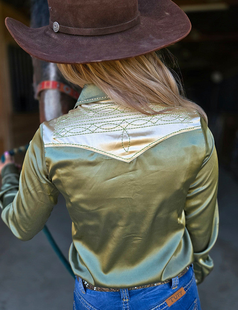 Sage & Vanilla Retro Bootstitch Embroidered Satin Pullover Button Up Lightweight Low Stretch Cowgirl Tuff