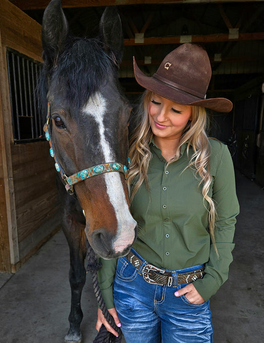 Olive Green Waterproof Pullover Button Up Lightweight Medium Stretch Cowgirl Tuff