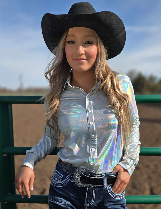 White Holographic Pullover Button Up Lightweight Medium Stretch Cowgirl Tuff