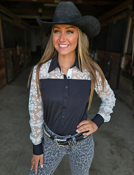 Black Breathe With Cream Lace Pullover Button Up - Lightweight Medium Stretch Cowgirl Tuff