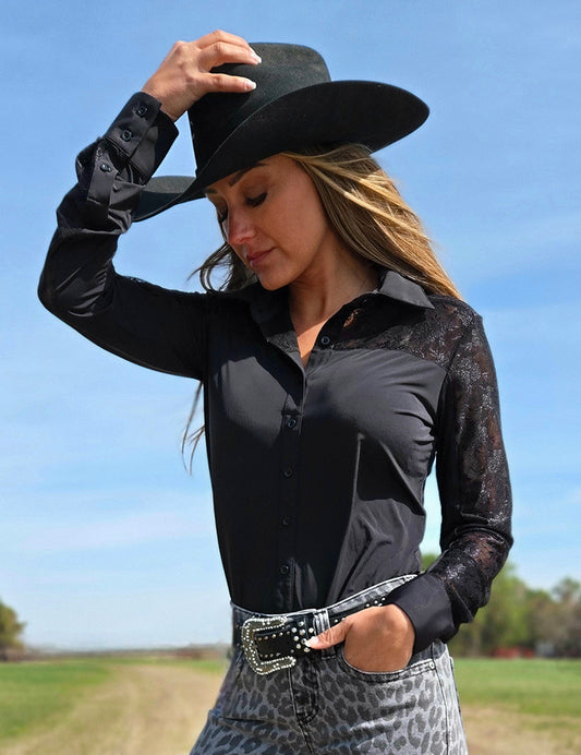 Black Breathe With Black Lace Pullover Button Up Lightweight Medium Stretch Cowgirl Tuff
