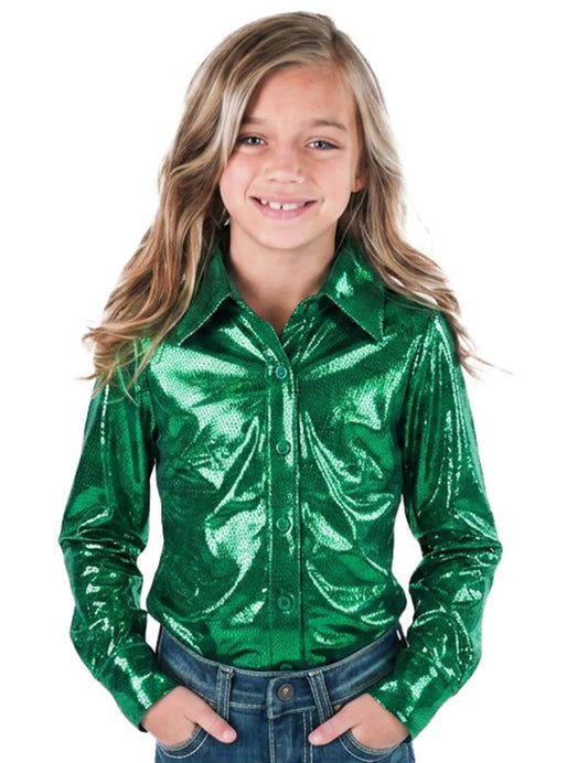 GIRLS Emerald Green Foil Pullover Button Lightweight & Medium Stretch Cowgirl Tuff