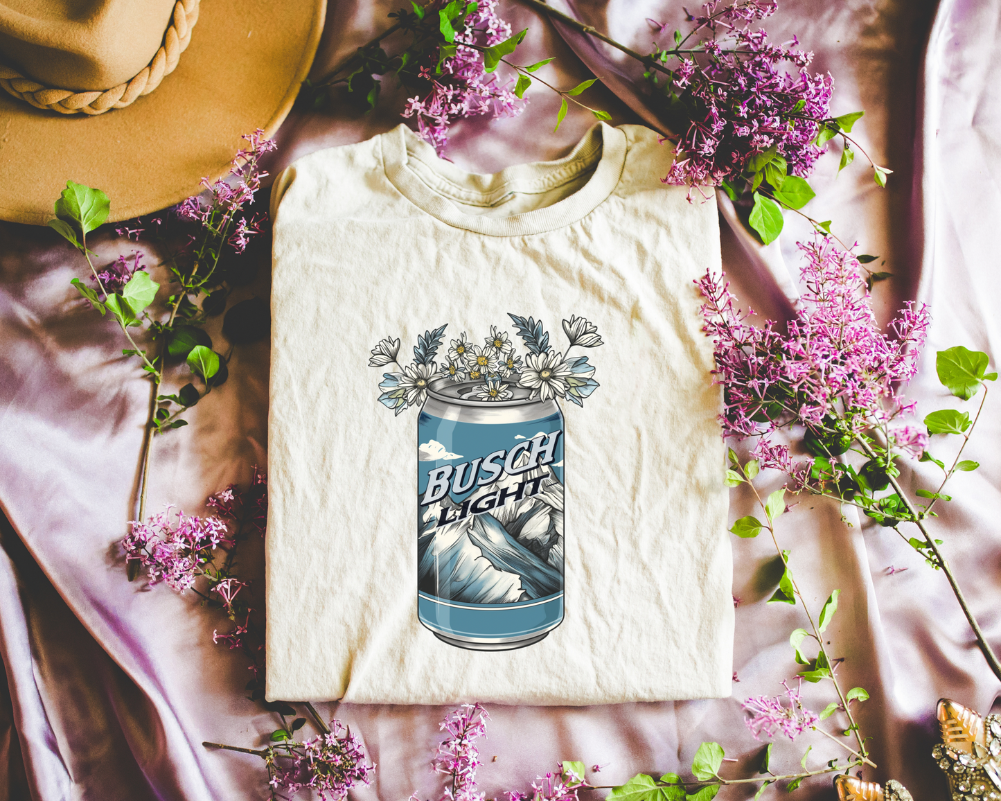 Mountain blue beer can w/ flower design