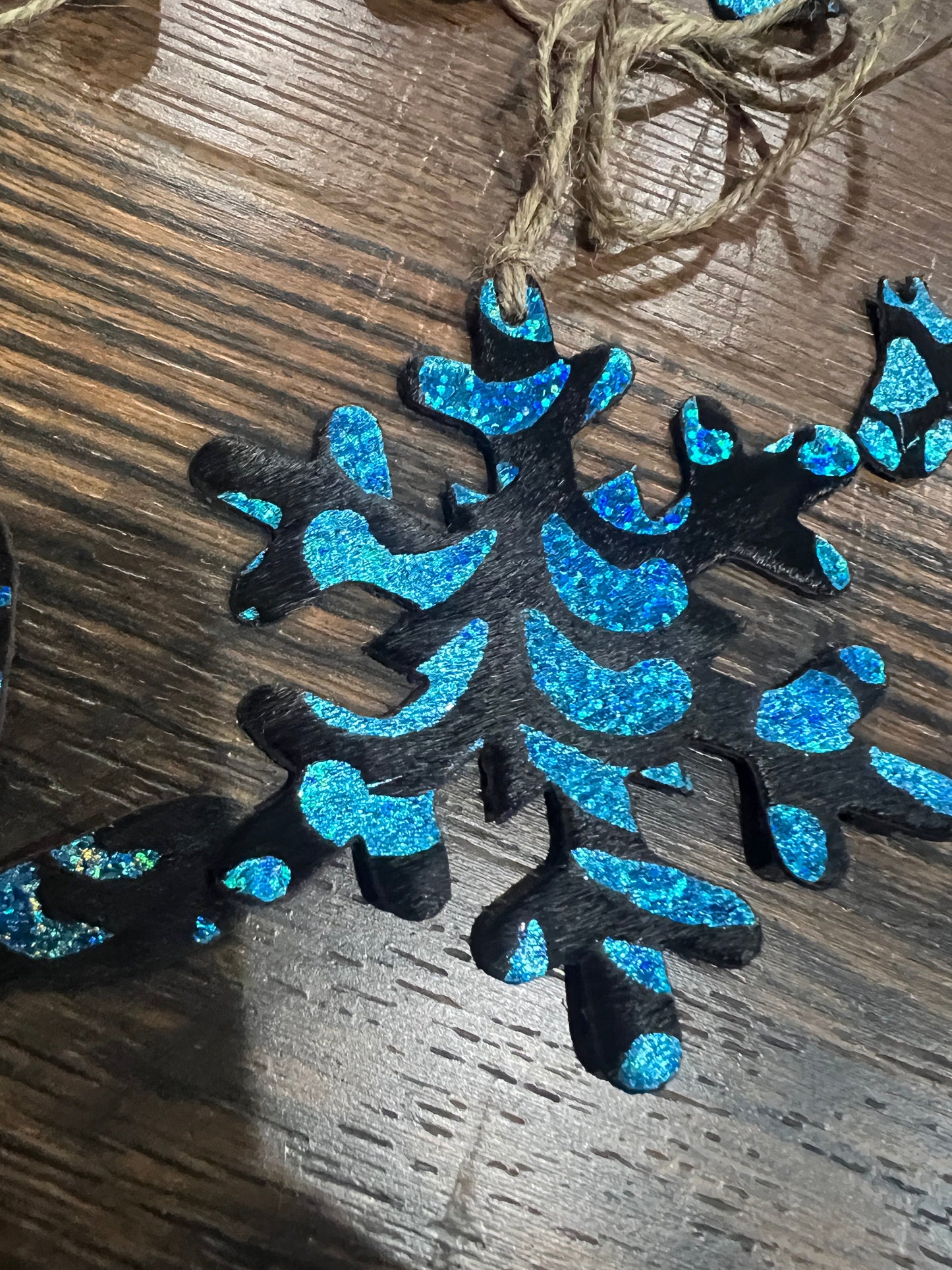 Blue Metallic Glitter Leather Cowhide Christmas Ornament  - Sold Individually