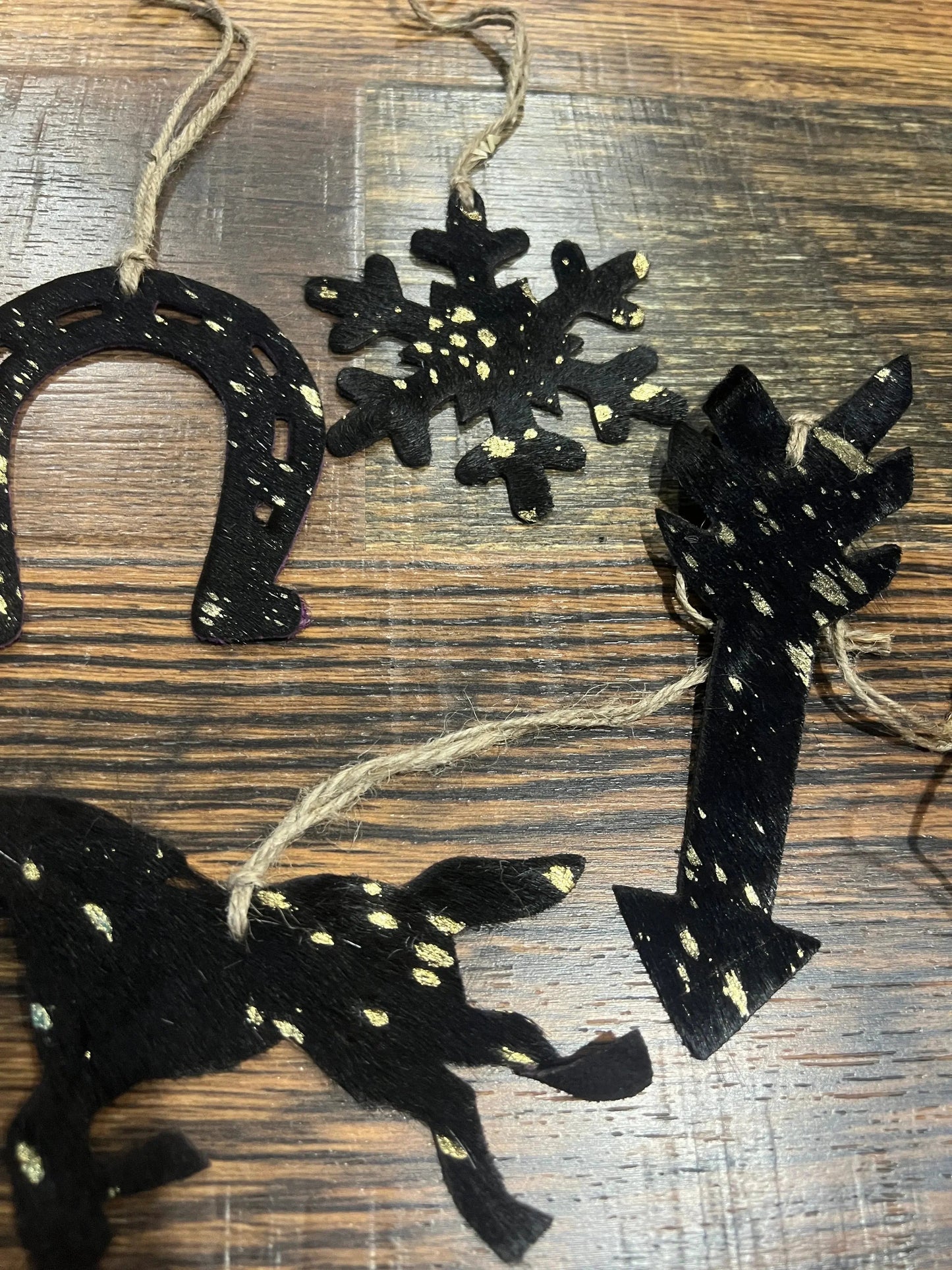 Gold/Black Acid Wash Leather Cowhide  Christmas Ornament - Sold Individually