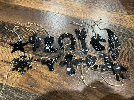 SILV􏰁ER/BLACK ACID WASH Leather Cowhide Christmas Ornaments