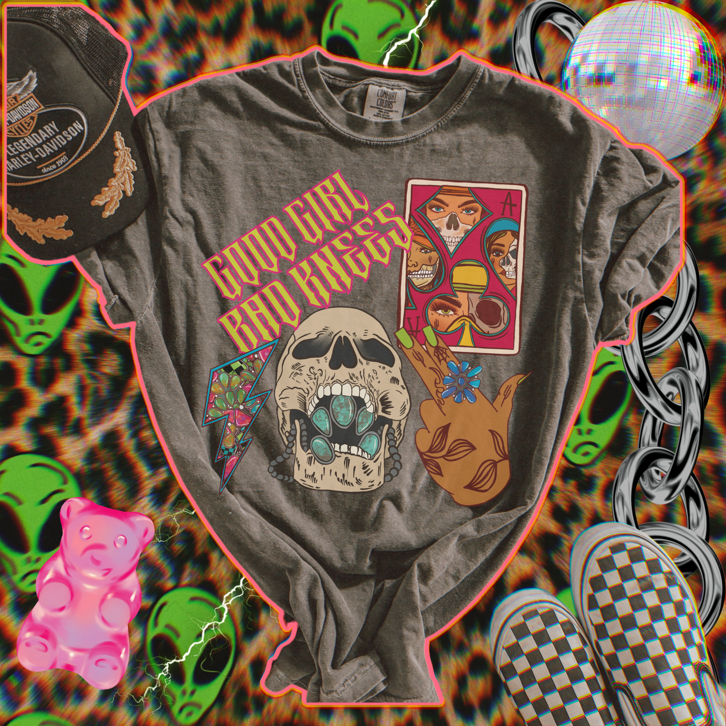 Good Girl Bad Knees Collage tee