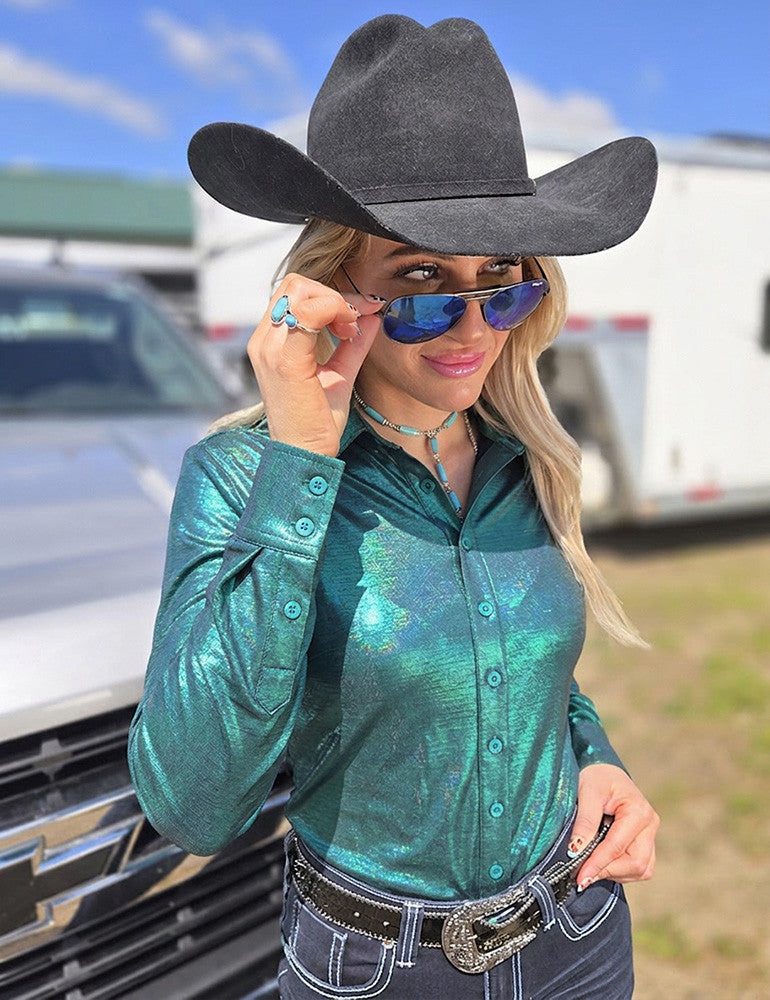 Turquoise Mist Holographic Pullover Button Up Lightweight Medium Stretch Cowgirl Tuff