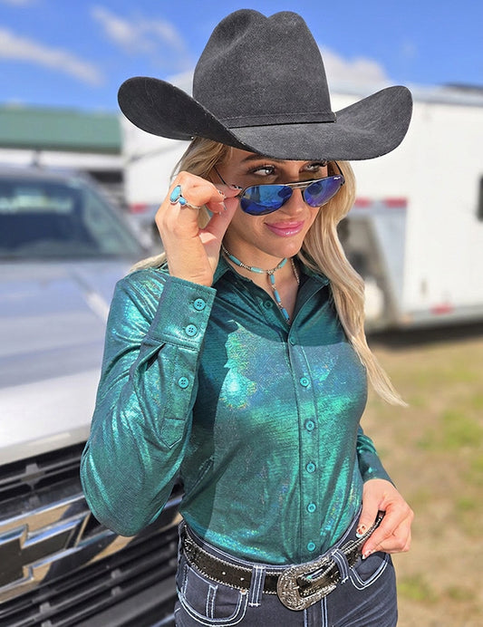 Turquoise Mist Holographic Pullover Button Up Lightweight Medium Stretch Cowgirl Tuff