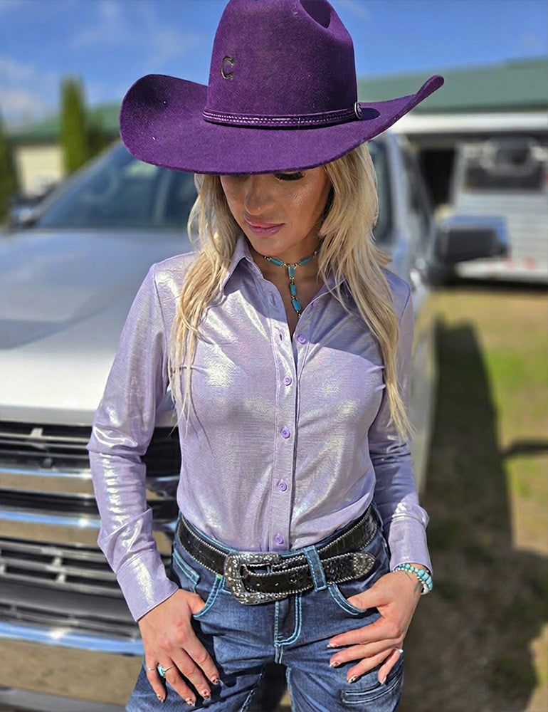 Lavender Mist Holographic Pullover Button Up Lightweight Medium Stretch Cowgirl Tuff