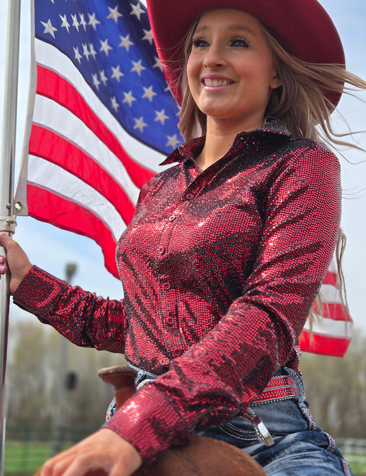 Red Sequin Foil Metallic Pullover Button a Up Midweight & Medium Stretch Cowgirl Tuff