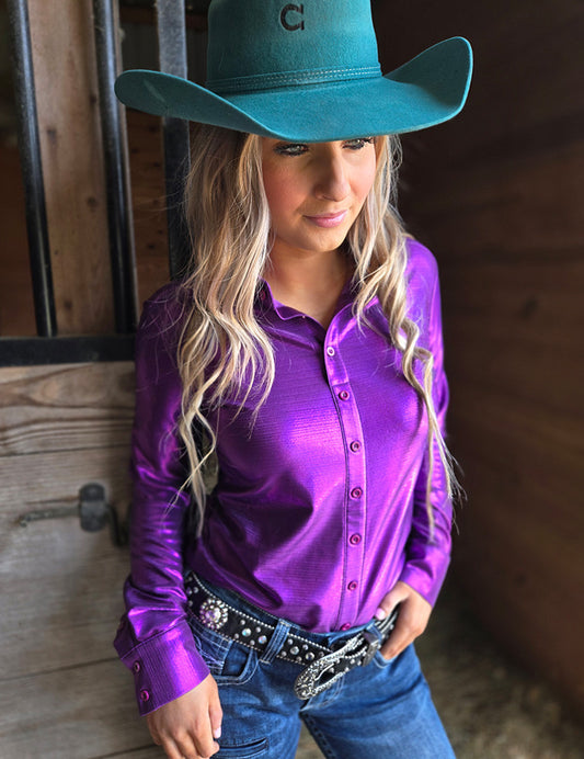 Violet Purple Holographic Pullover Button Up Midweight & Medium Stretch Cowgirl Tuff