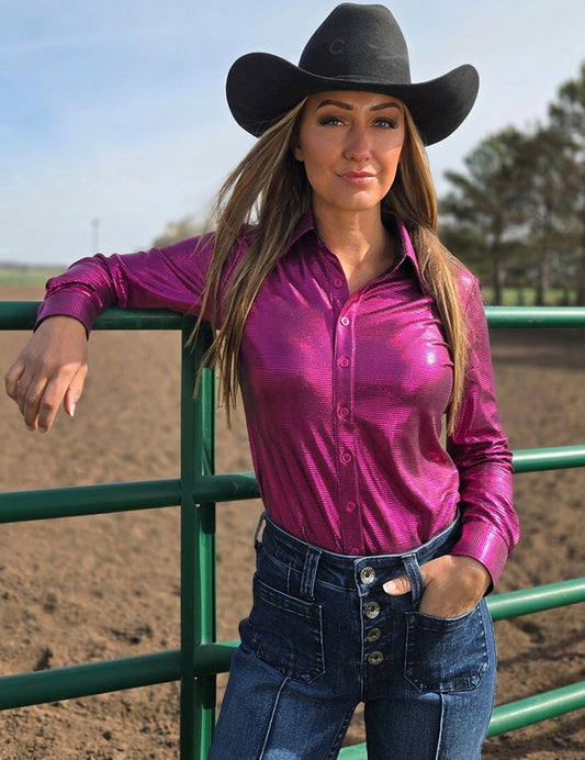 Fushia Pink Holographic Pullover Button Up Midweight & Medium Stretch Cowgirl Tuff