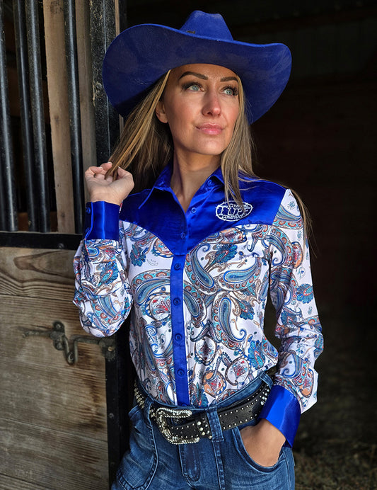 Paisley Jersey With Royal Blue Satin Yoke, Collar, Cuffs & Embroidered Logo Pullover Button Up Cowgirl Tuff