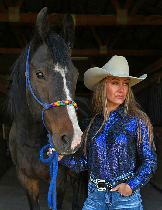 Deep Periwinkle Sequin Foil Metallic Pullover Button Up Midweight & Medium Stretch Cowgirl Tuff