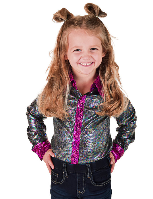 Girls Pullover Button Up (Multicolor Foil With Pink Accents Lightweight Stretch Jersey)