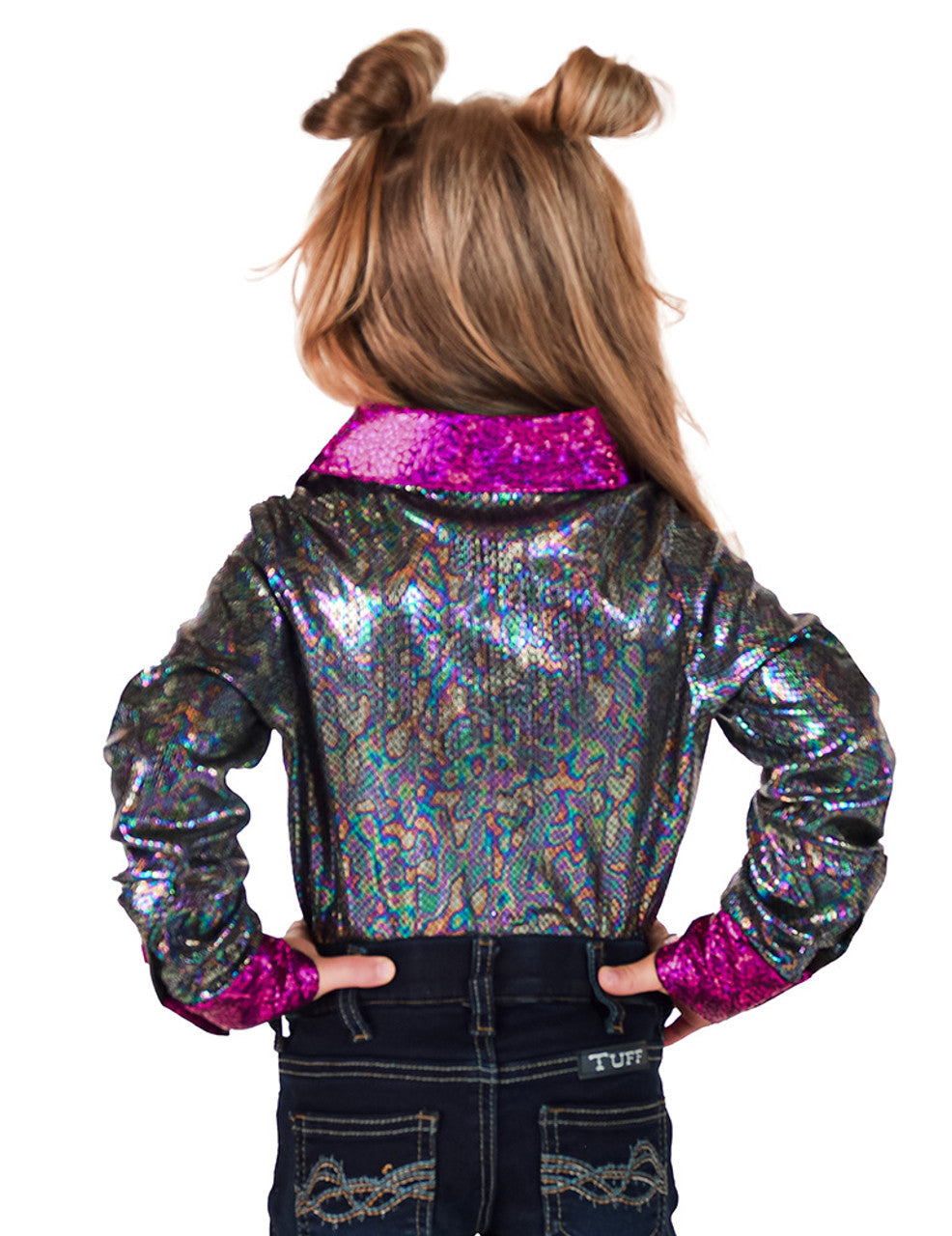 Girls Pullover Button Up (Multicolor Foil With Pink Accents Lightweight Stretch Jersey)