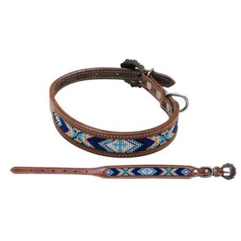 Showman Couture Beaded inlay leather dog collar with copper buckle - navy and light blue cross Product ID: DC-01