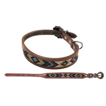 Showman Couture Beaded inlay leather dog collar with copper buckle - yellow, blue, and red Product ID: DC-04
