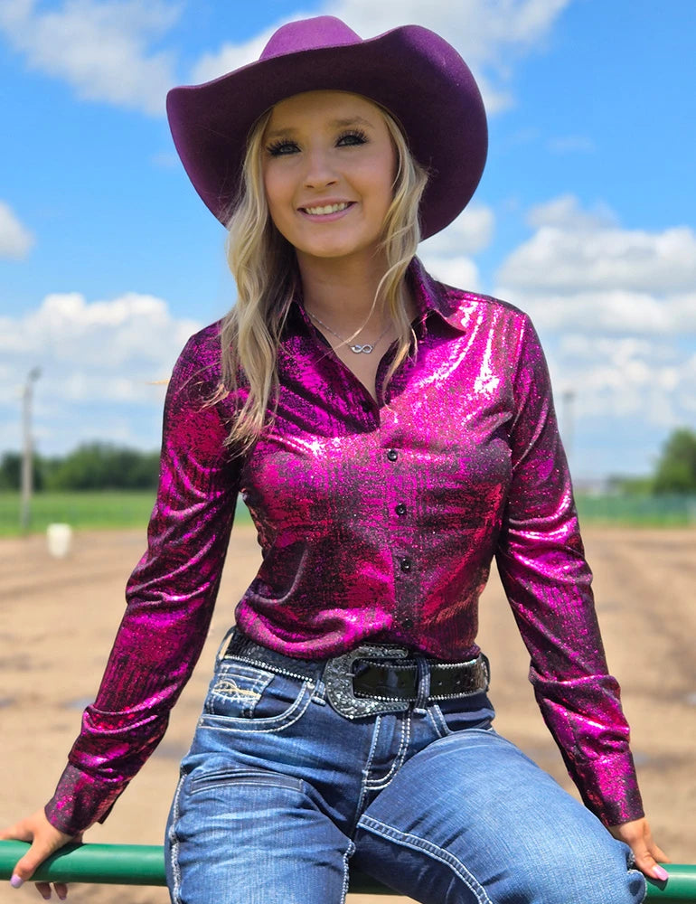 Pullover Button Up (Hot Pink Foil Over Black Shimmer Lightweight And Medium Stretch)