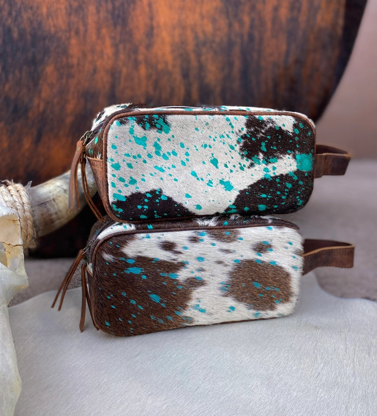 ACID WASH TURQUOISE COWHIDE KIT BAG - TOILETRY