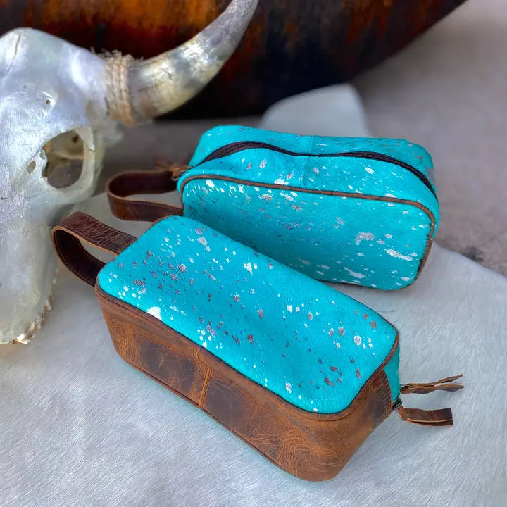 ACID WASH TURQUOISE COWHIDE KIT BAG - TOILETRY