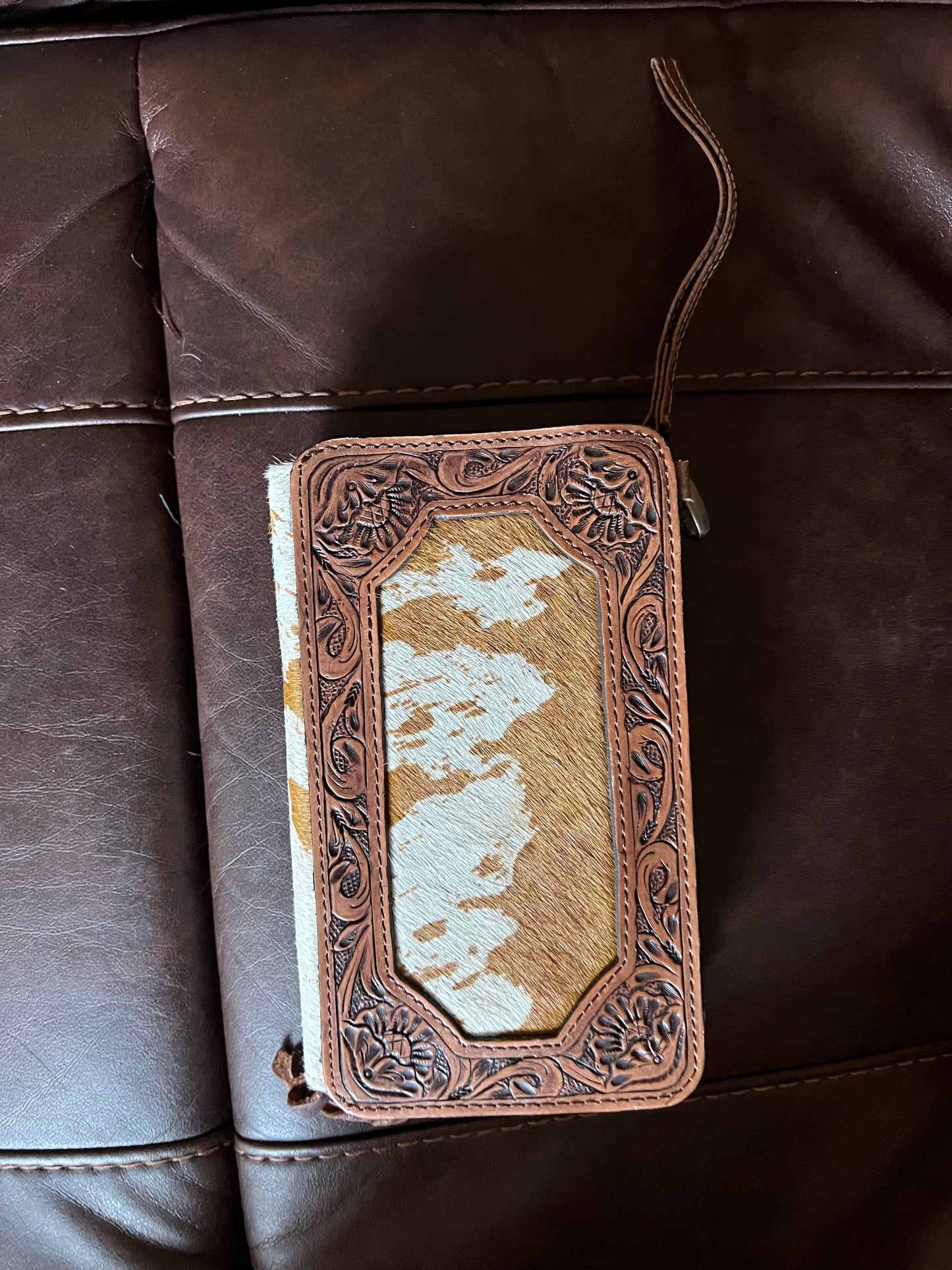 Brown and White Tooled Leather and Cowhide Wallet/crossbody