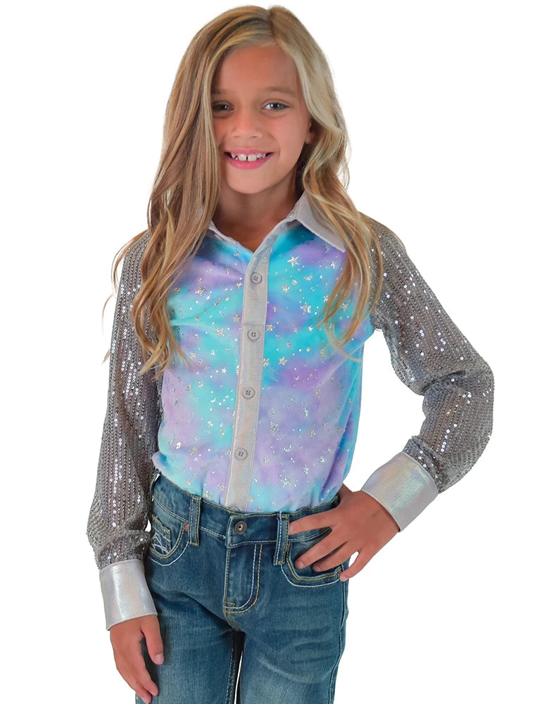 GIRLS Purple & Teal Tie Dye Velor With Silver Stars Sparkles Pullover Button Up