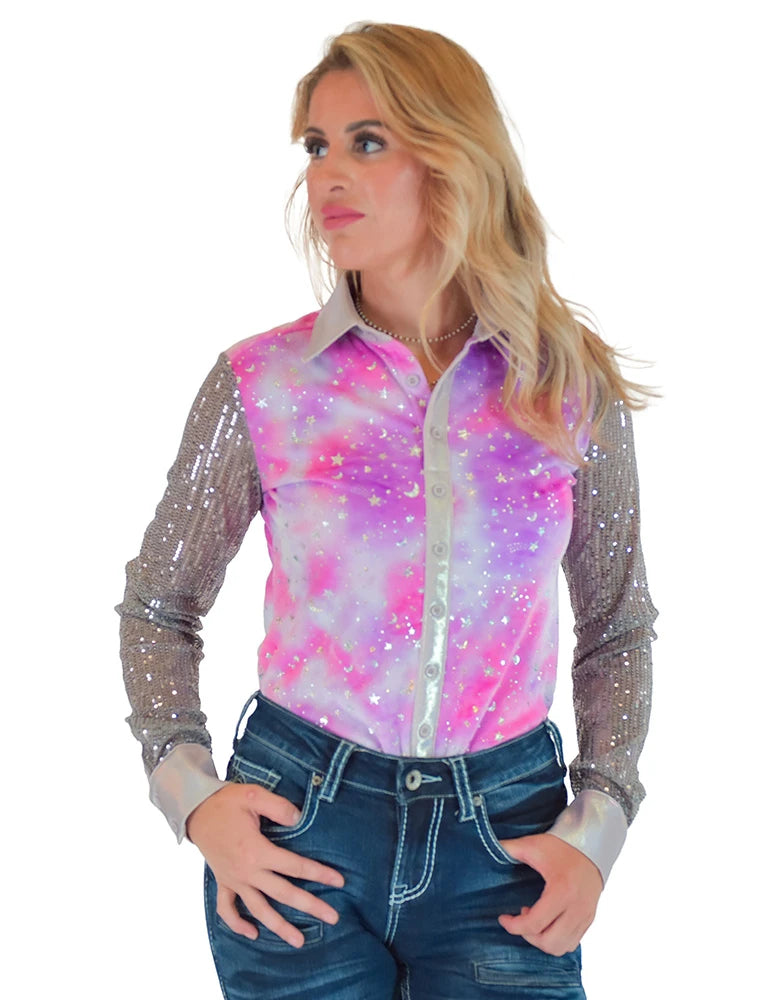 Cowgirl Tuff Company Pink & Purple Tie Dye Velor With Silver Stars Sparkles & Silver Sequin Sheer Sleeves Pullover Button Up