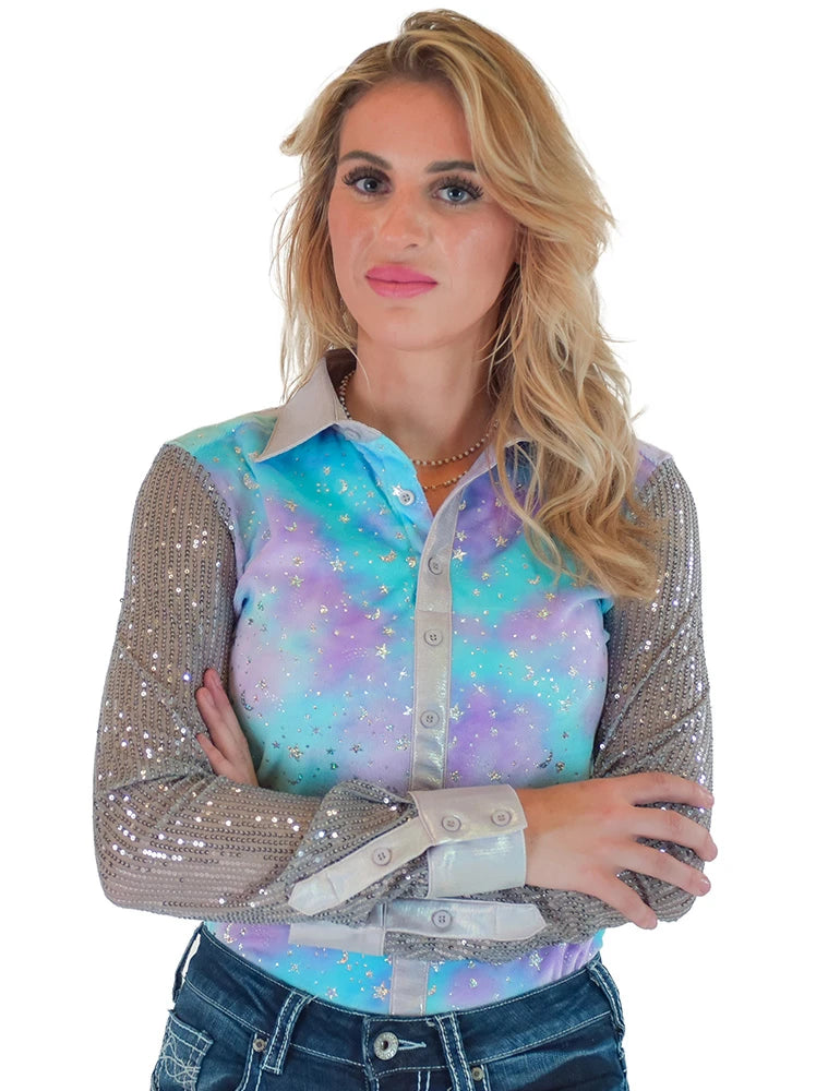Cowgirl Tuff Company Purple & Teal Tie Dye Velor With Silver Stars Sparkles & Silver Sequin Sheer Sleeves Pullover Button U