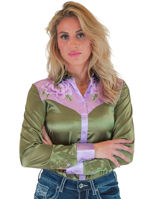 Cowgirl Tuff Company Soft Purple With Moss Green Satin Pullover Button Up With Embroidered Flowers