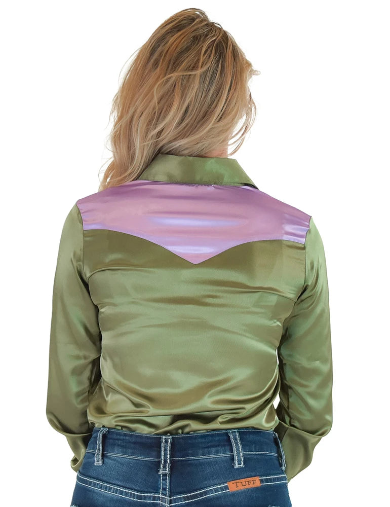 Cowgirl Tuff Company Soft Purple With Moss Green Satin Pullover Button Up With Embroidered Flowers