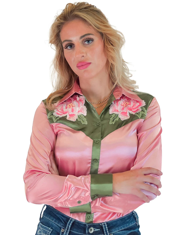 Cowgirl Tuff Company Champagne Pink With Moss Green Satin Pullover Button Up With Embroidered Flowers