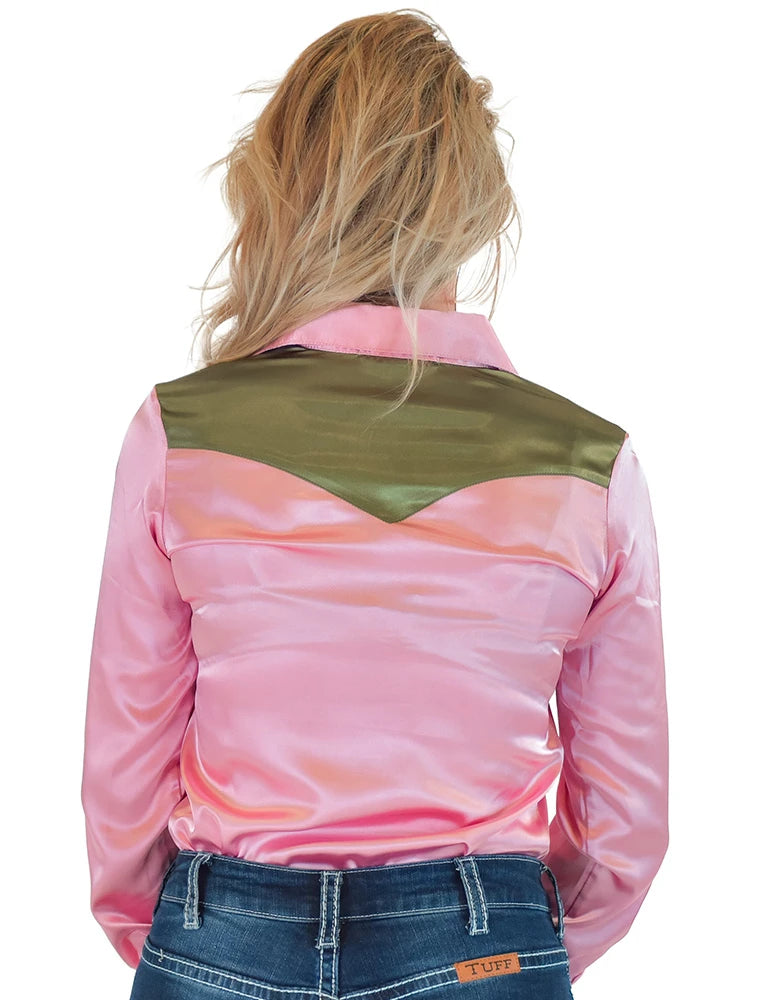 Cowgirl Tuff Company Champagne Pink With Moss Green Satin Pullover Button Up With Embroidered Flowers