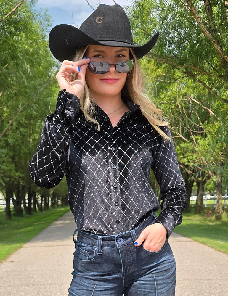 Cowgirl Tuff Company Black Velvet With Silver Crystals Pullover Button Up